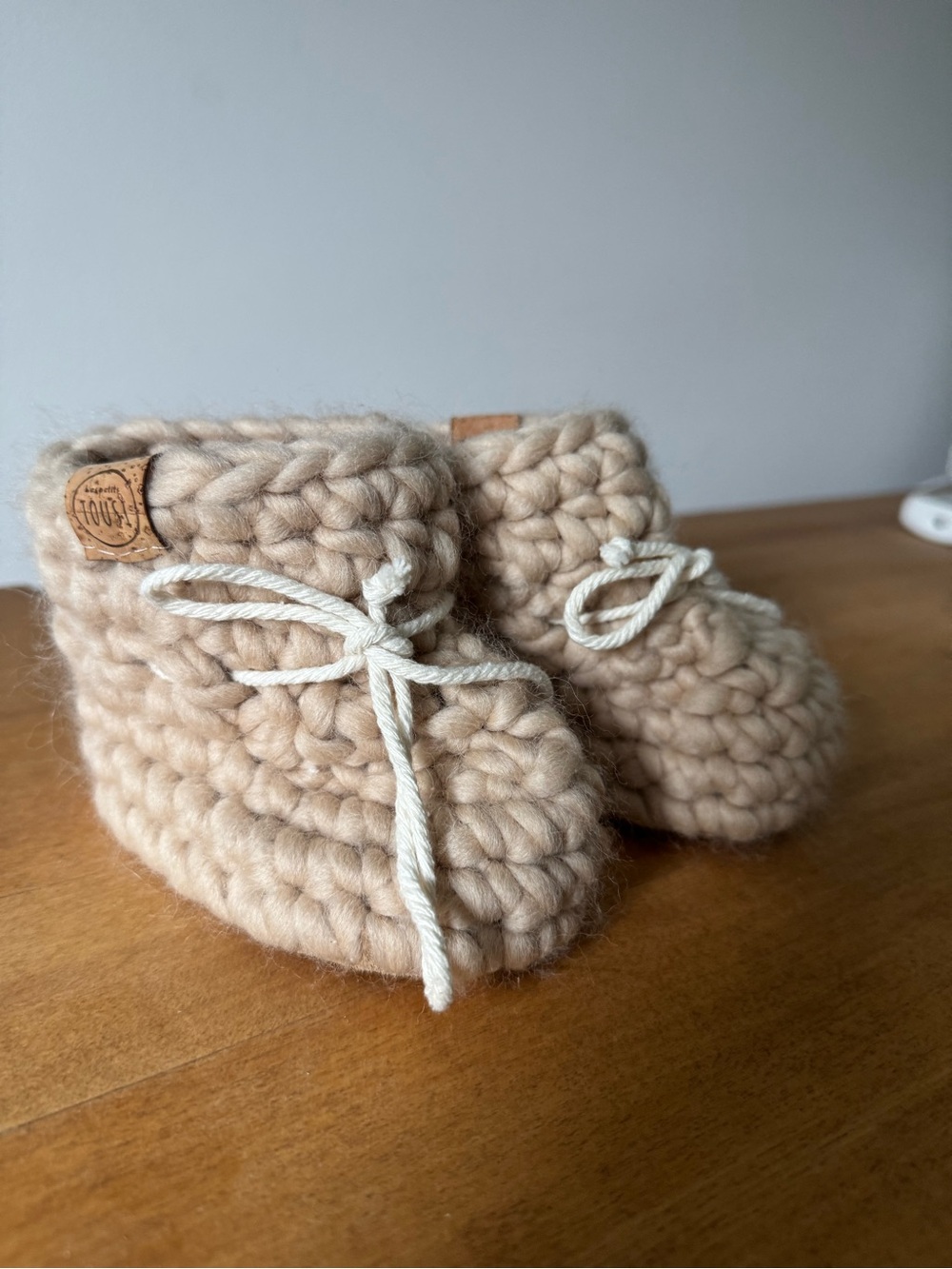 Hand-Knit Kids Slipper Boots in Beige - Cozy Indoor Shoes